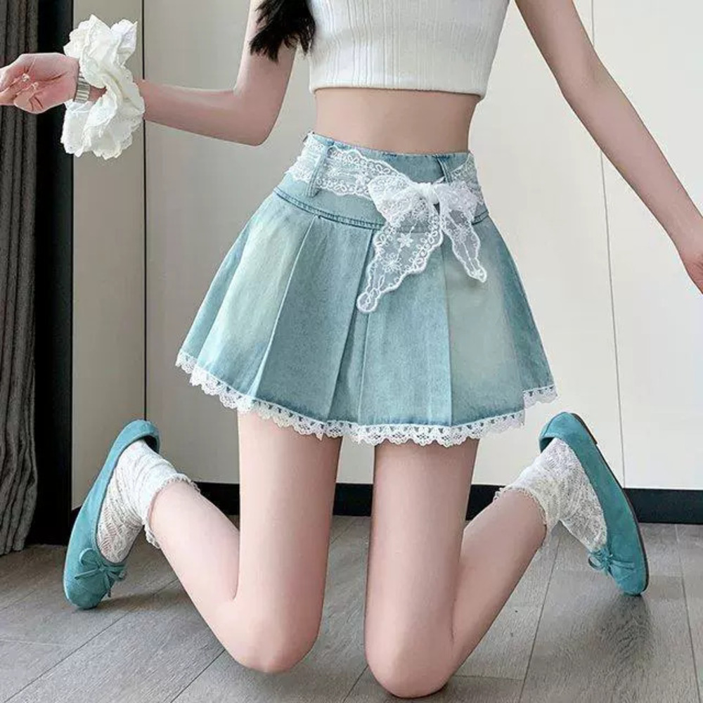 Zara College Style Lace Belt High Waist Anti Exposure Denim Pleated Mini Skirt